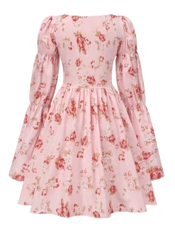 Fashion Retro Stage 1960s Square Neck Floral Skater Dress Pink