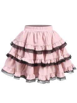 Clearance Retro Stage Pink 1980s Steampunk Lace Trimmed Layered Skirt