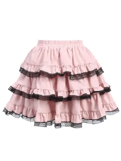 Clearance Retro Stage Pink 1980s Steampunk Lace Trimmed Layered Skirt
