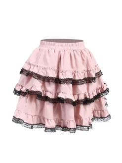 Clearance Retro Stage Pink 1980s Steampunk Lace Trimmed Layered Skirt