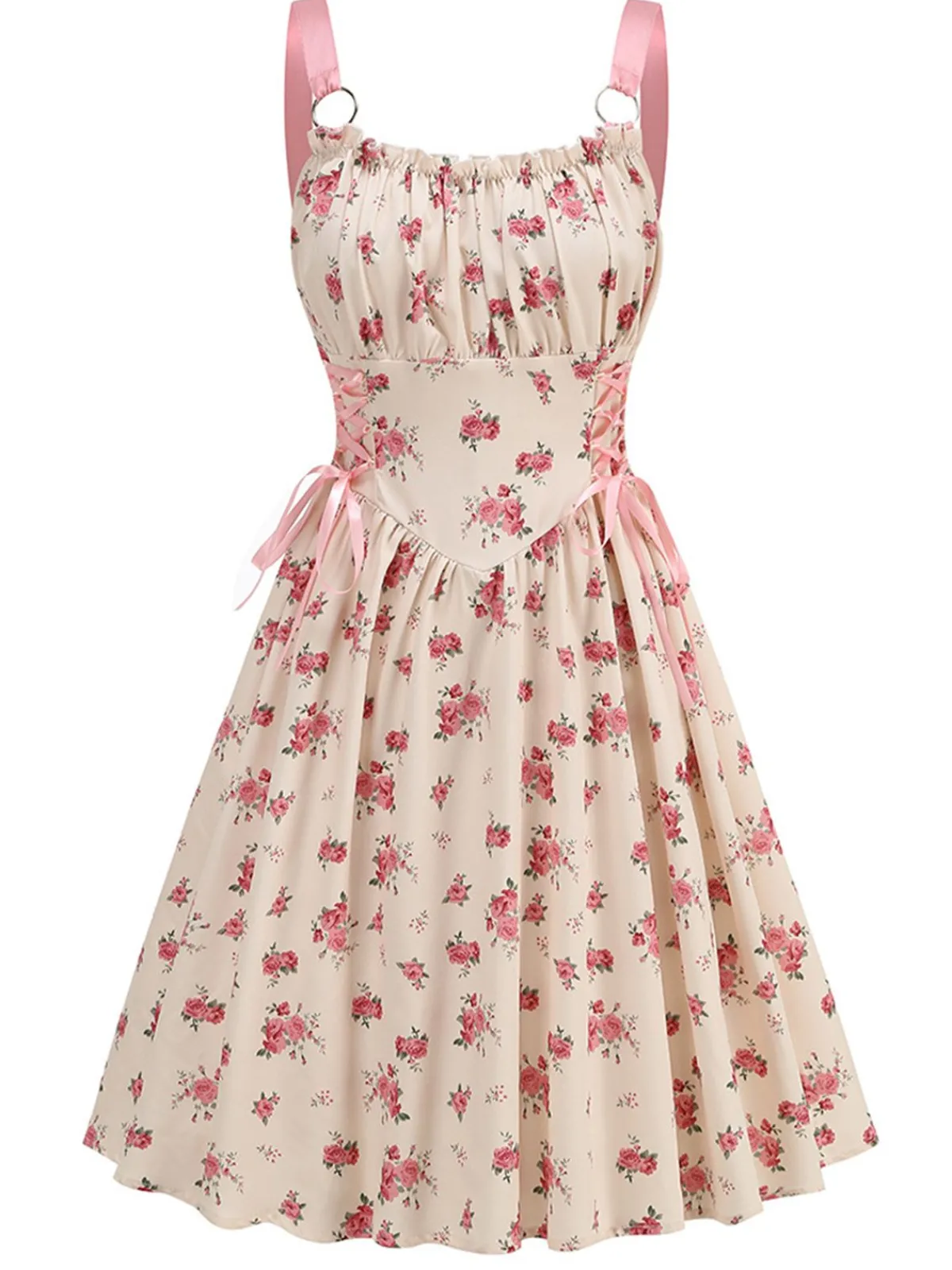 Online Retro Stage 1950s Strap Ditsy Floral Lace-Up A-Line Dress Pink