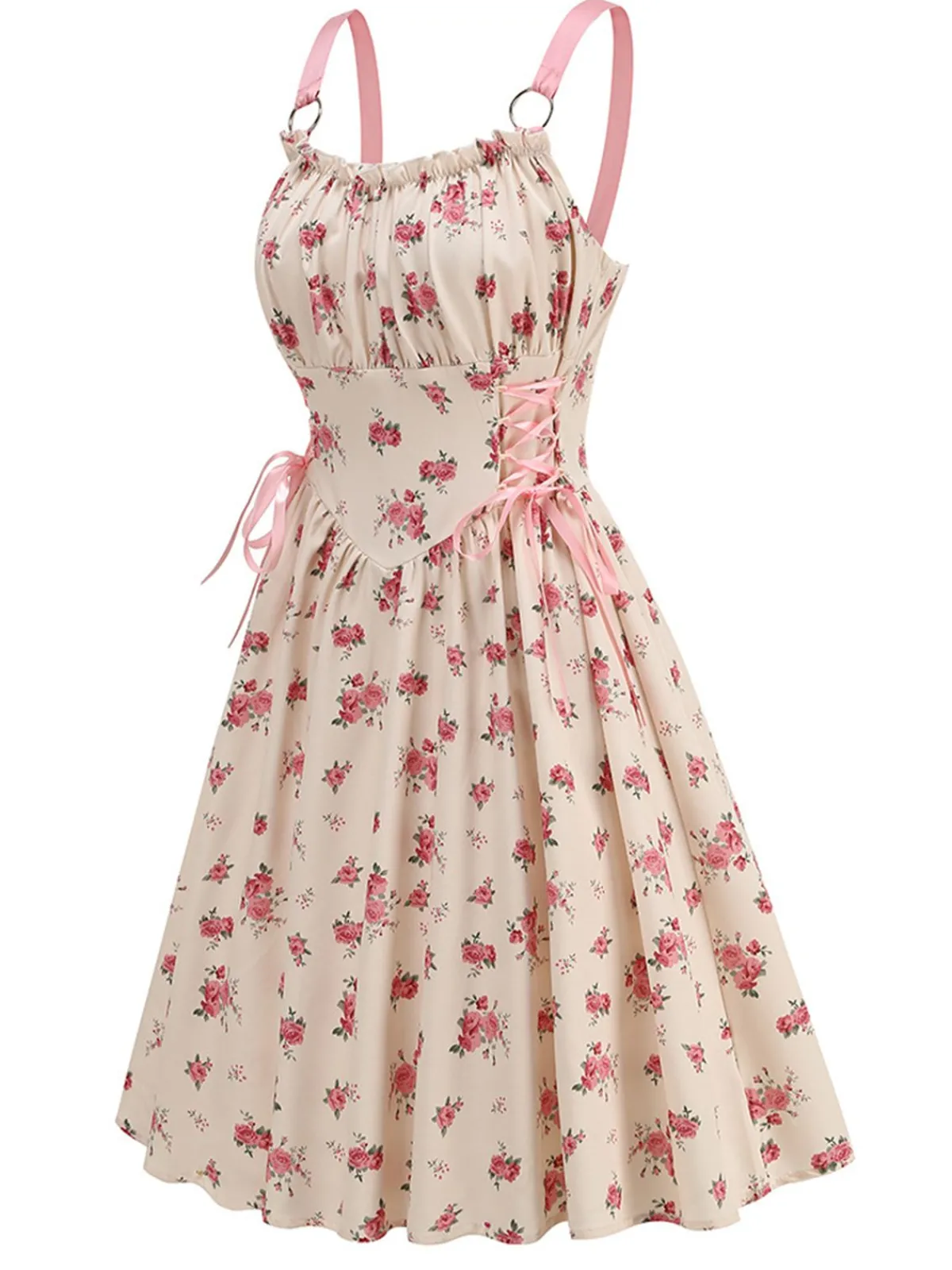 Online Retro Stage 1950s Strap Ditsy Floral Lace-Up A-Line Dress Pink