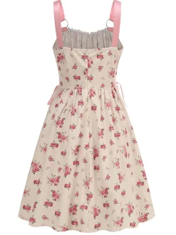 Online Retro Stage 1950s Strap Ditsy Floral Lace-Up A-Line Dress Pink