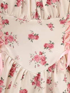 Online Retro Stage 1950s Strap Ditsy Floral Lace-Up A-Line Dress Pink
