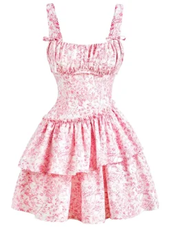 New Retro Stage 1950s Strap Floral Bow Tiered Dress Pink