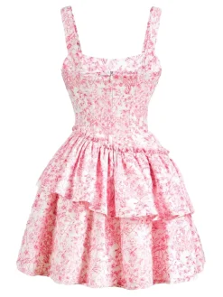 New Retro Stage 1950s Strap Floral Bow Tiered Dress Pink