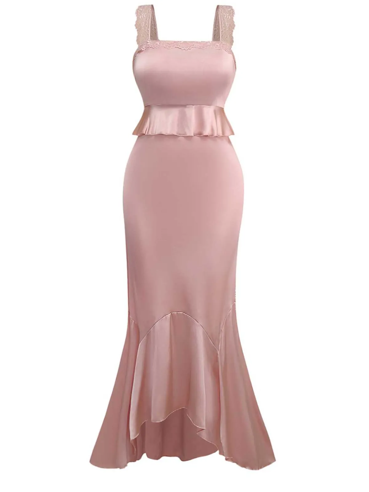 Sale Retro Stage 1930s Strap Lace Ruffles Satin Mermaid Dress Pink