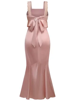 Sale Retro Stage 1930s Strap Lace Ruffles Satin Mermaid Dress Pink