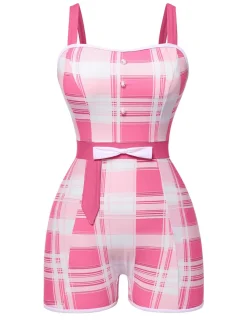 Discount Retro Stage 1950s Strap Plaids Bow One-Piece Swimsuit Pink