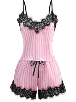 New Retro Stage 1930s Strap Strips Lace Pajama Set Pink