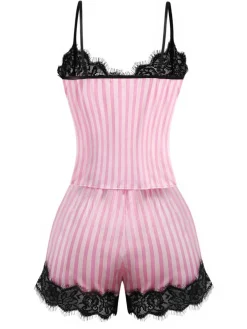 New Retro Stage 1930s Strap Strips Lace Pajama Set Pink