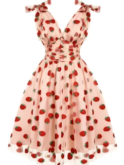Best Retro Stage Pink 1950s Strawberry Mesh Swing Dress