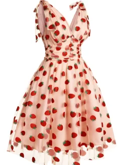 Best Retro Stage Pink 1950s Strawberry Mesh Swing Dress