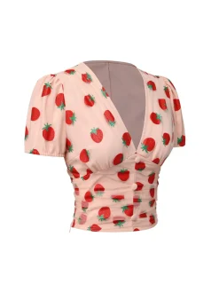 New Retro Stage 1950s Strawberry Mesh V-Neck Top Pink