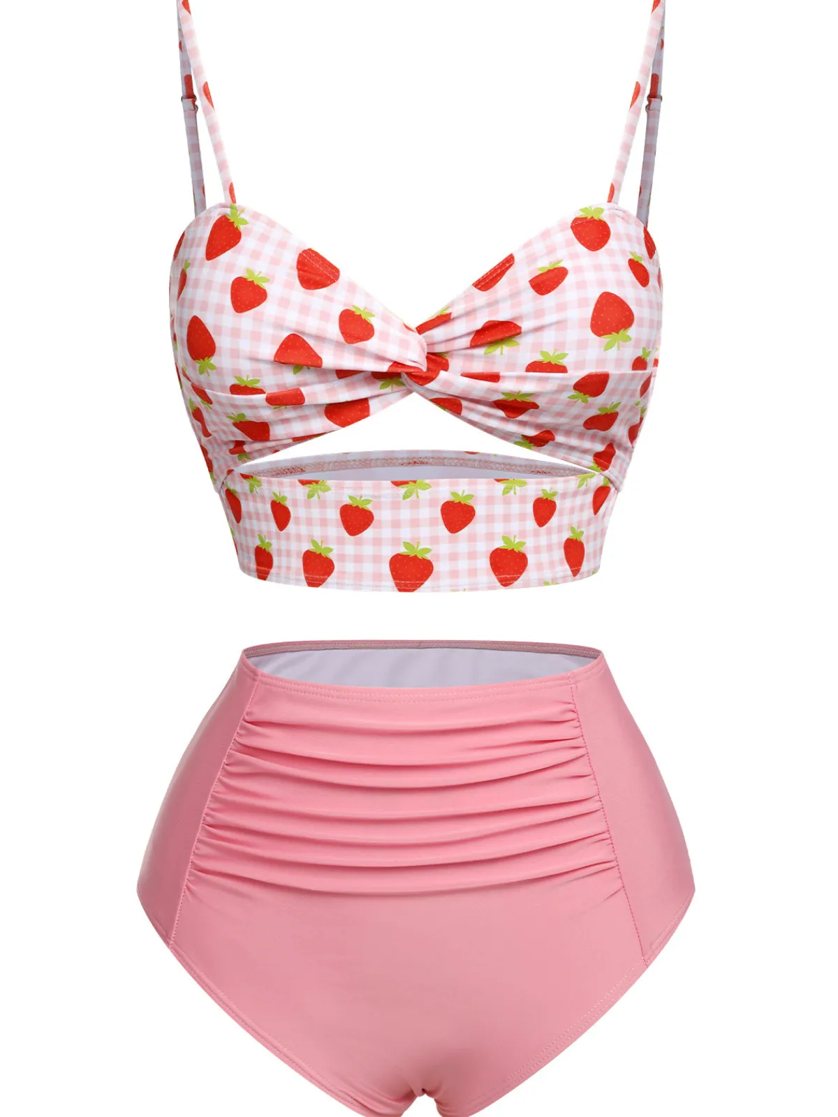 Sale Retro Stage 1960s Strawberry Plaid Halter Swimsuit Pink