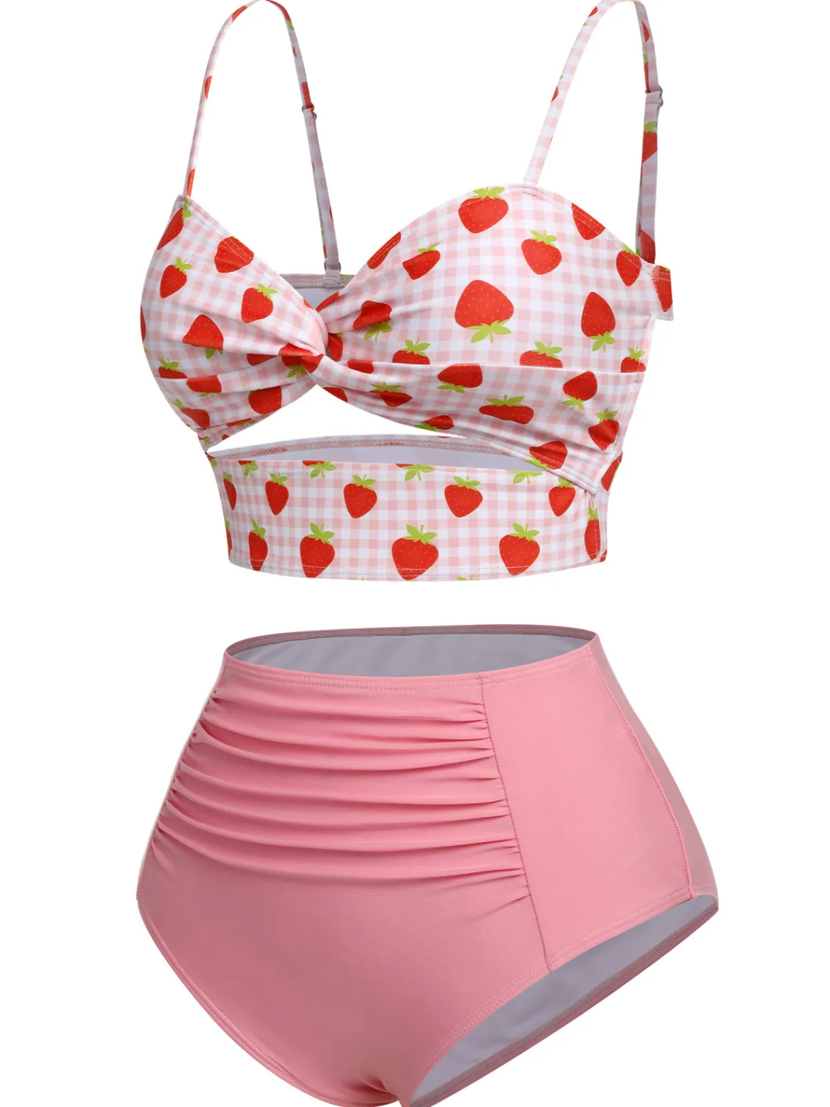 Sale Retro Stage 1960s Strawberry Plaid Halter Swimsuit Pink