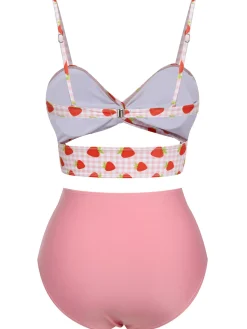 Sale Retro Stage 1960s Strawberry Plaid Halter Swimsuit Pink