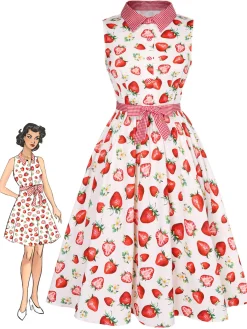 Best Retro Stage 1940s Strawberry Plaid Shirt Collar Dress Pink