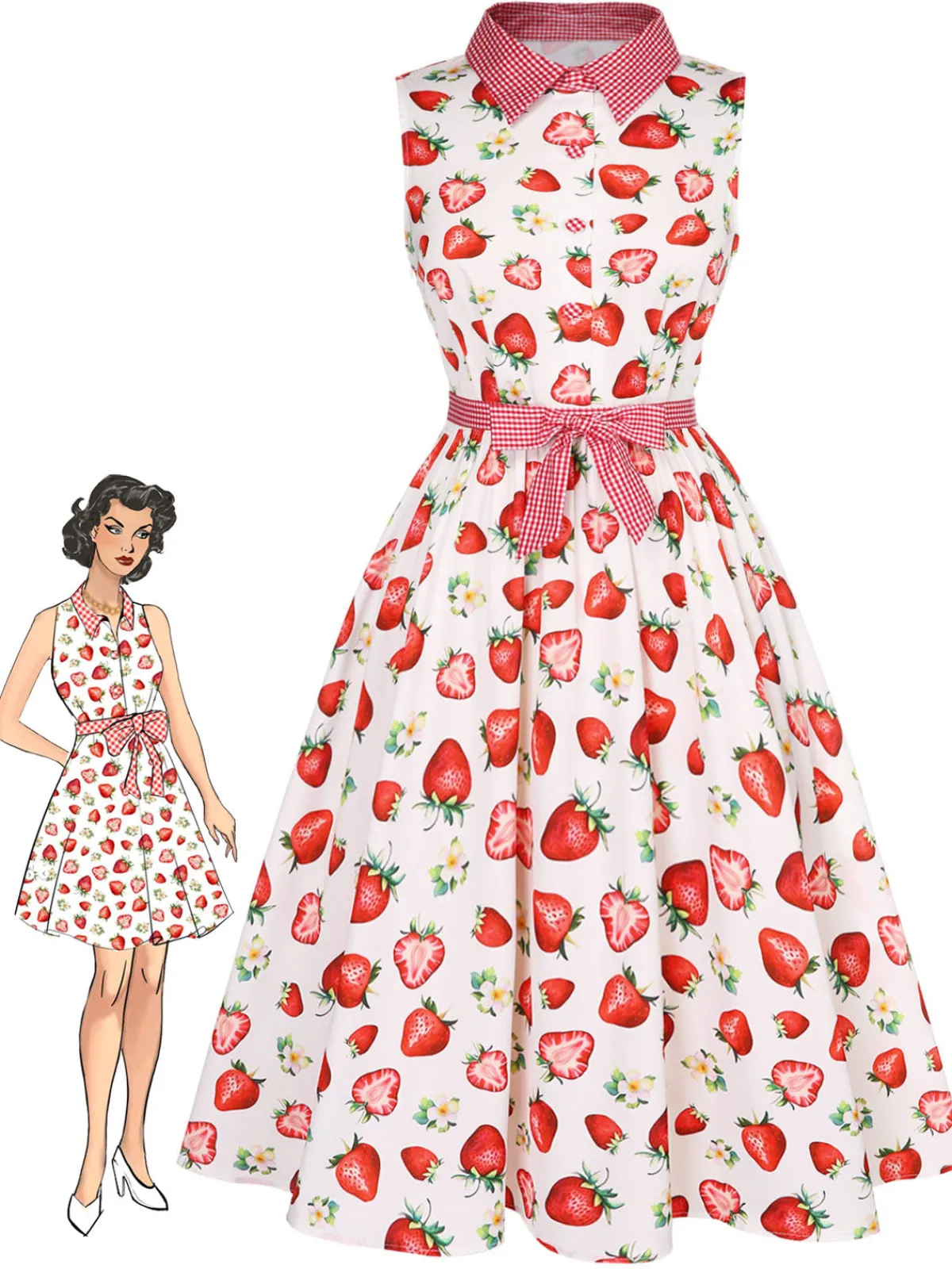 Best Retro Stage 1940s Strawberry Plaid Shirt Collar Dress Pink
