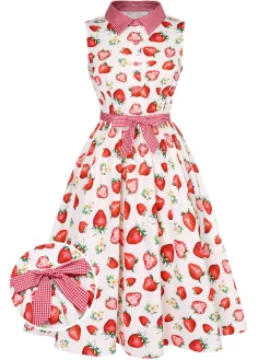 Best Retro Stage 1940s Strawberry Plaid Shirt Collar Dress Pink