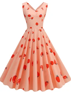 Fashion Retro Stage 1950s Strawberry Sleeveless Swing Dress Pink