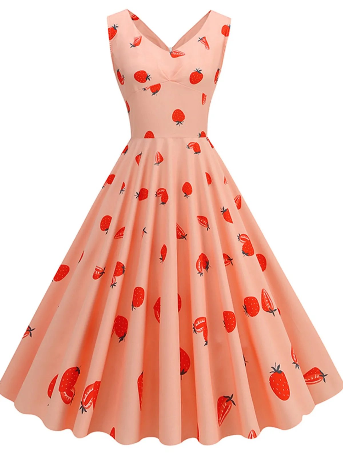 Fashion Retro Stage 1950s Strawberry Sleeveless Swing Dress Pink