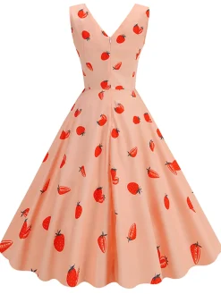 Fashion Retro Stage 1950s Strawberry Sleeveless Swing Dress Pink