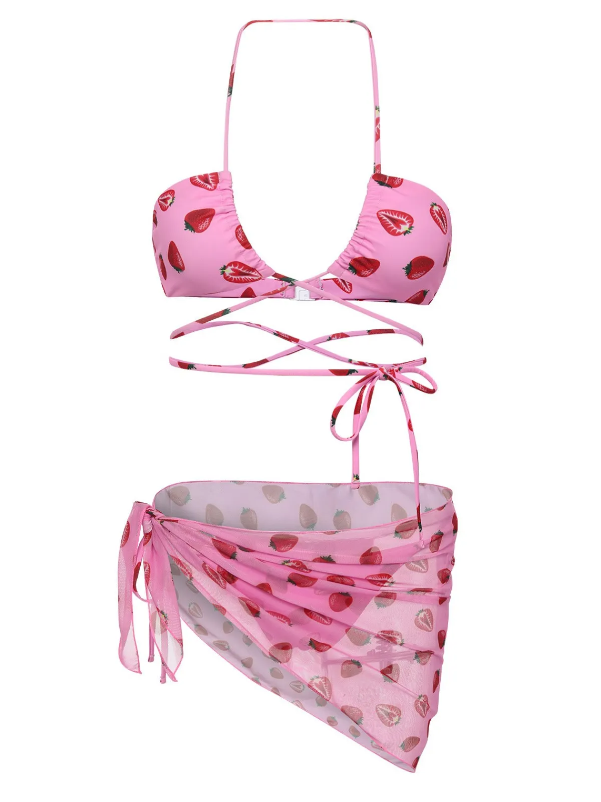 Outlet Retro Stage 1950s Strawberry Waist Tie Halter Bikini Set Pink
