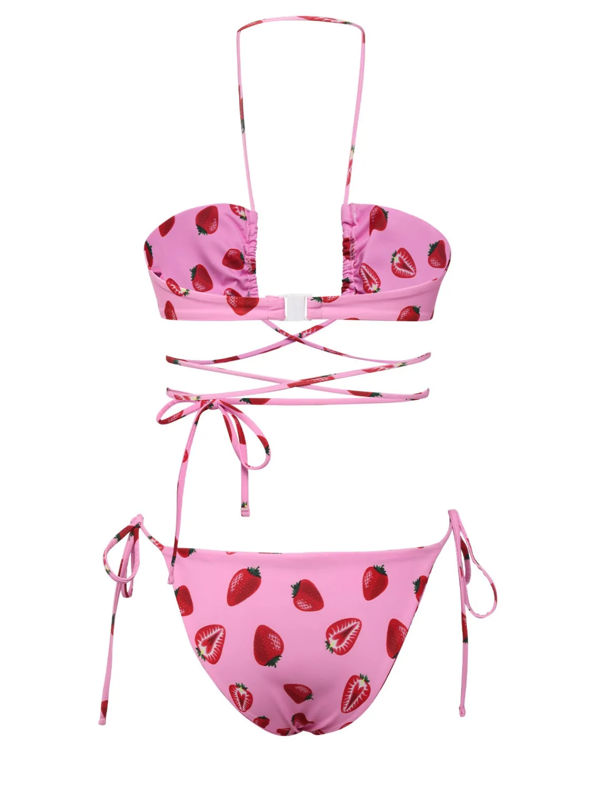Outlet Retro Stage 1950s Strawberry Waist Tie Halter Bikini Set Pink