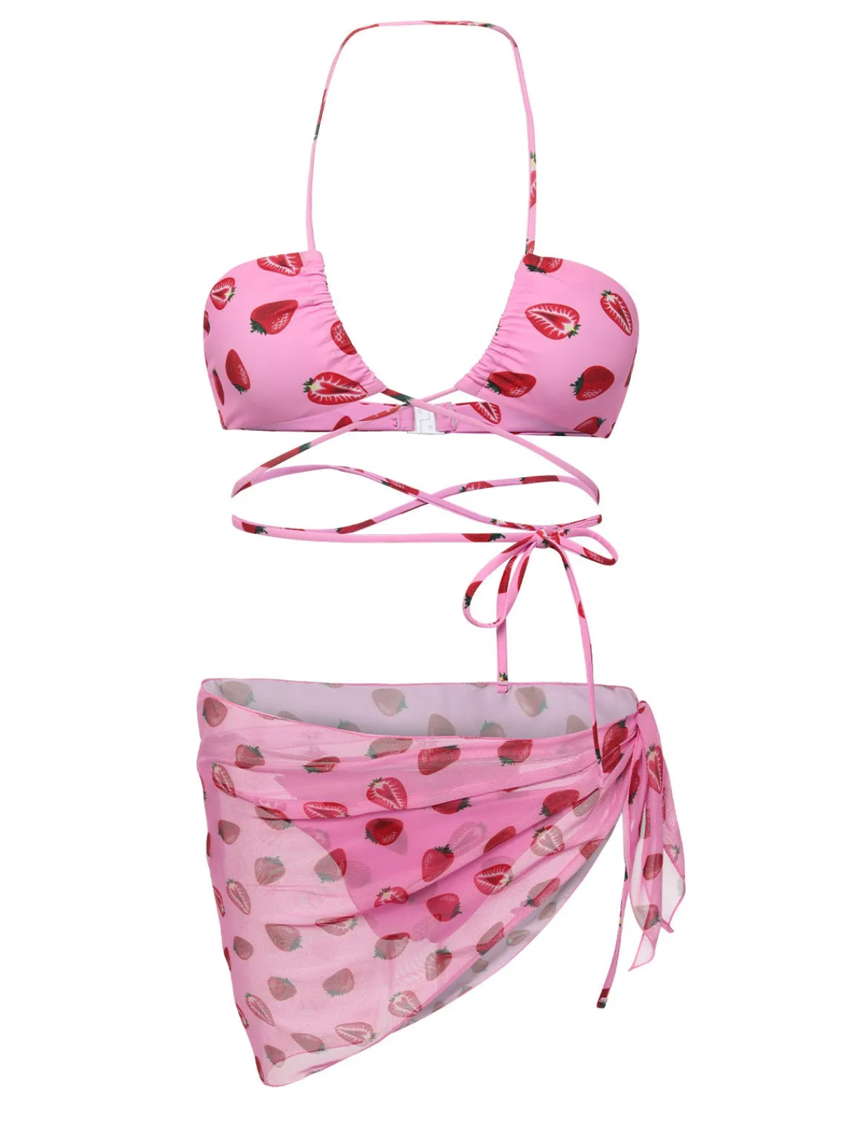Outlet Retro Stage 1950s Strawberry Waist Tie Halter Bikini Set Pink
