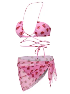 Outlet Retro Stage 1950s Strawberry Waist Tie Halter Bikini Set Pink