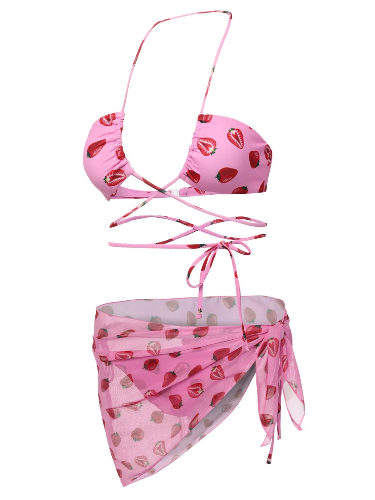 Outlet Retro Stage 1950s Strawberry Waist Tie Halter Bikini Set Pink
