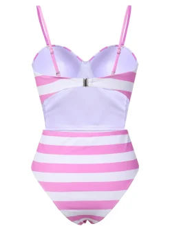 Outlet Retro Stage 1940s Striped Bandeau One-Piece Swimsuit Pink