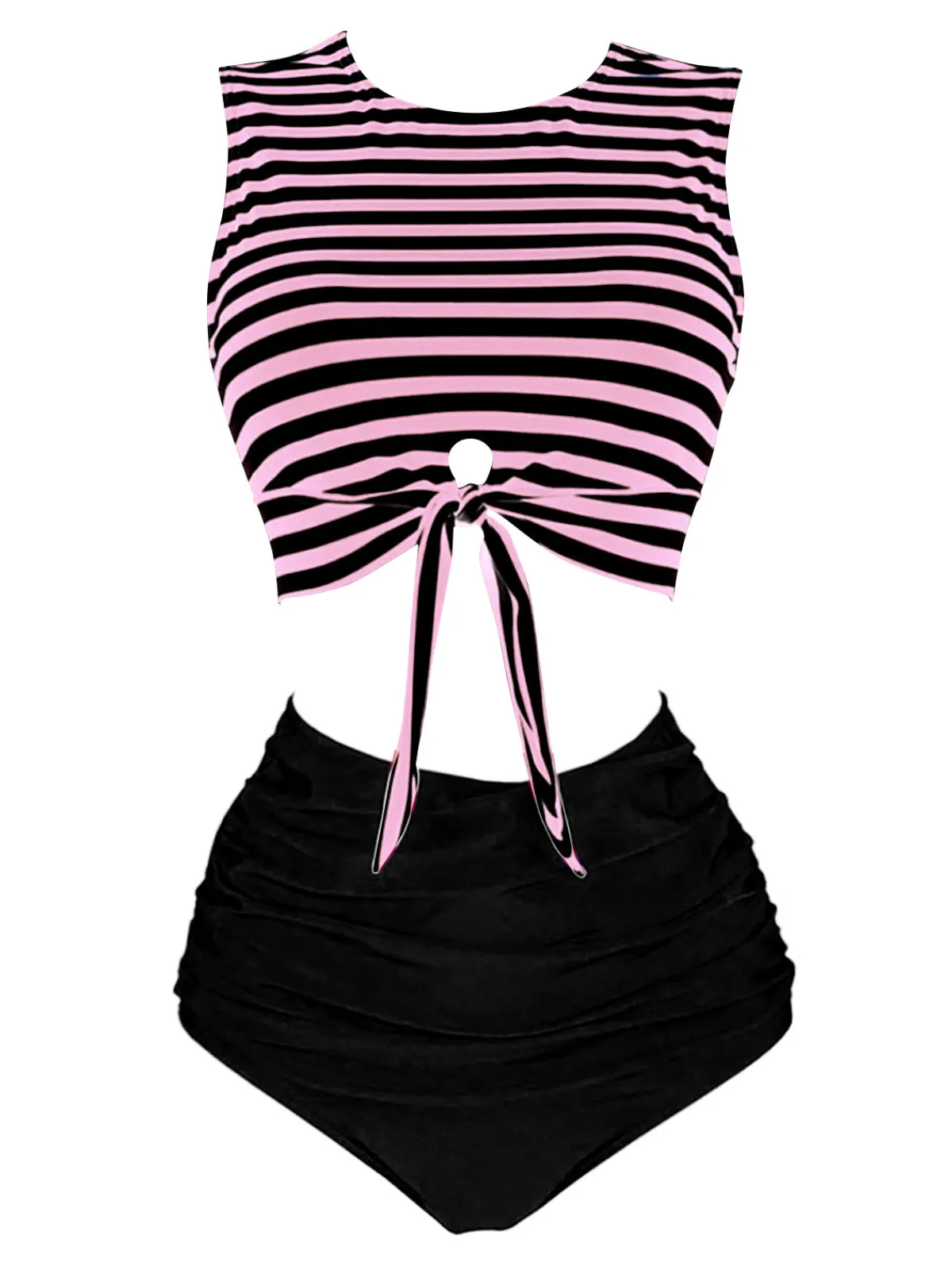 Online Retro Stage Pink 1970s Striped Waist Tie Patchwork Swimsuit