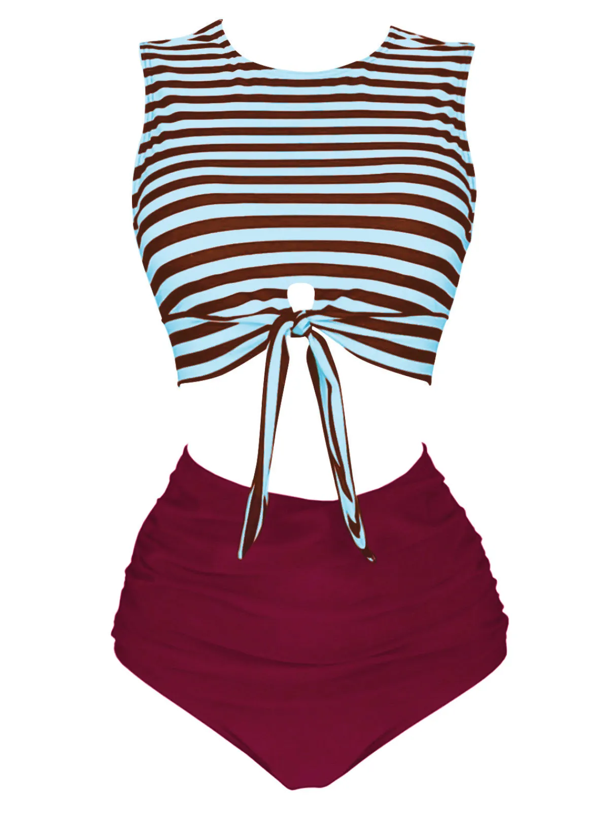 Online Retro Stage Pink 1970s Striped Waist Tie Patchwork Swimsuit