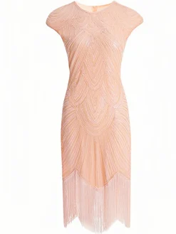Online Retro Stage 1920s Tassel Cap Sleeves Sequined Dress Pink