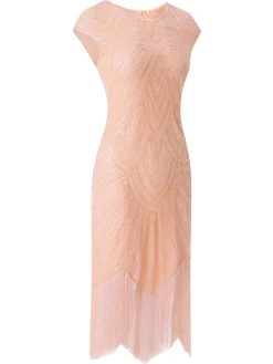 Online Retro Stage 1920s Tassel Cap Sleeves Sequined Dress Pink