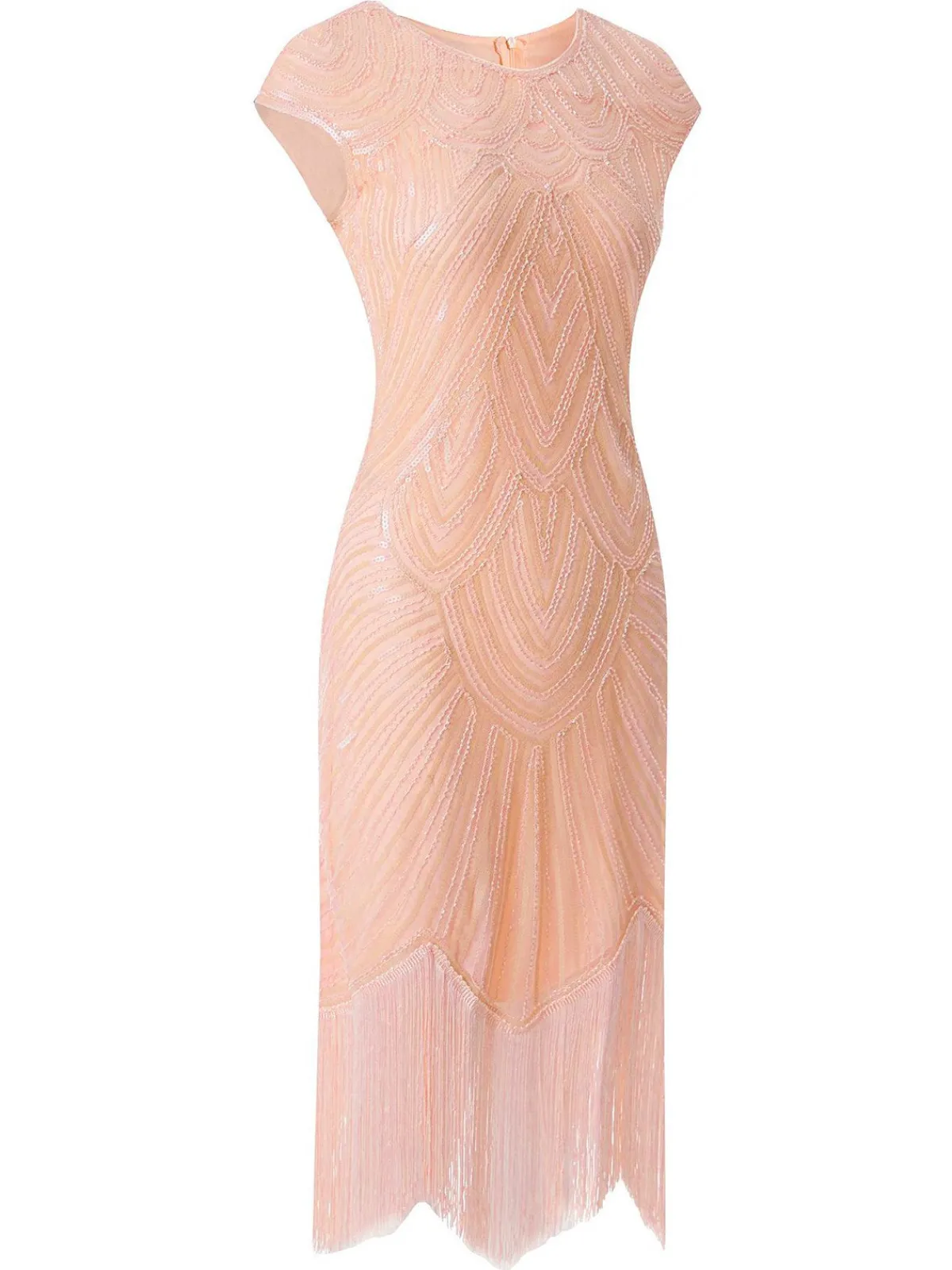 Online Retro Stage 1920s Tassel Cap Sleeves Sequined Dress Pink