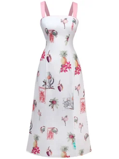 Online Retro Stage 1960s Tropical Prints Tie-Back Straps Dress Pink