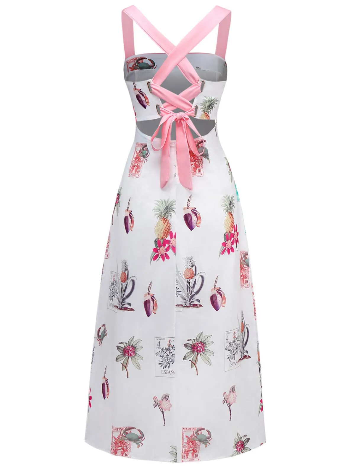 Online Retro Stage 1960s Tropical Prints Tie-Back Straps Dress Pink