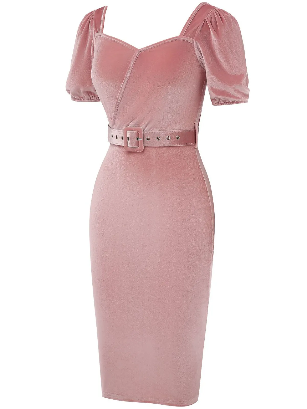 Best Retro Stage 1960s Velvet Puff Sleeve Belted Dress Pink