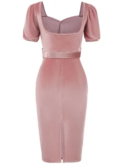 Best Retro Stage 1960s Velvet Puff Sleeve Belted Dress Pink