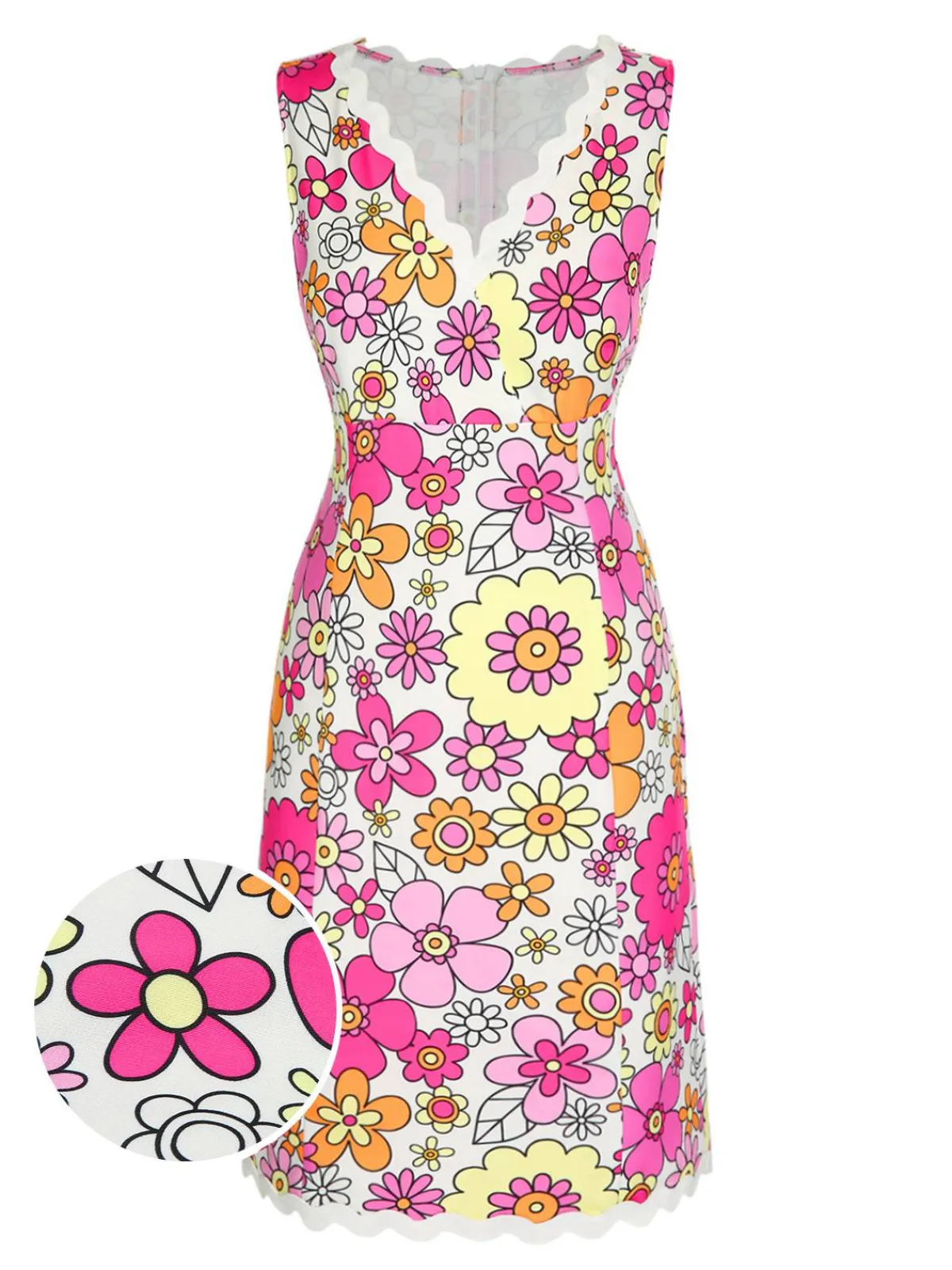 Sale Retro Stage 1960s V-Neck Cartoon Flowers Pencil Dress Pink