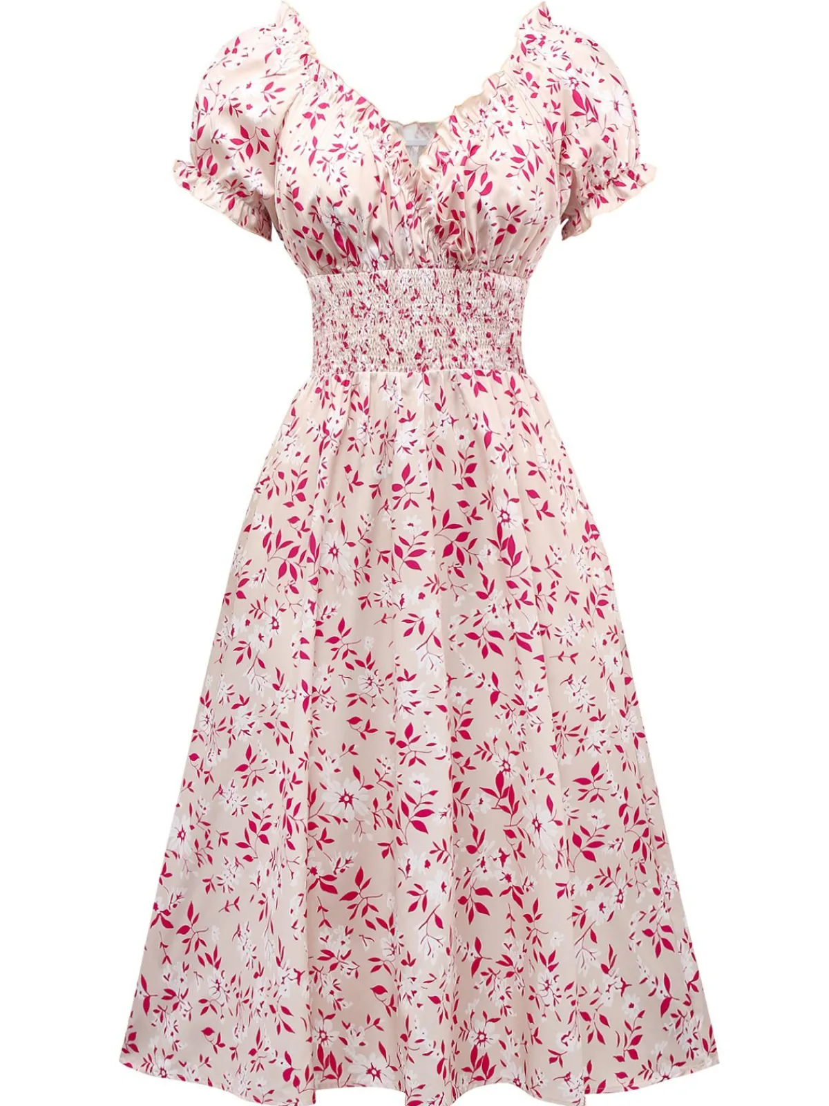 Best Retro Stage 1940s V-Neck Floral Puff Sleeve Dress Pink