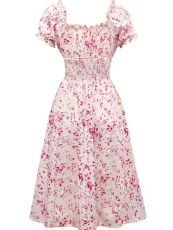 Best Retro Stage 1940s V-Neck Floral Puff Sleeve Dress Pink