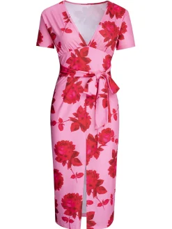 Sale Retro Stage 1960s V-Neck Floral Tie Split Dress Pink