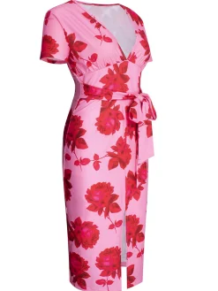 Sale Retro Stage 1960s V-Neck Floral Tie Split Dress Pink