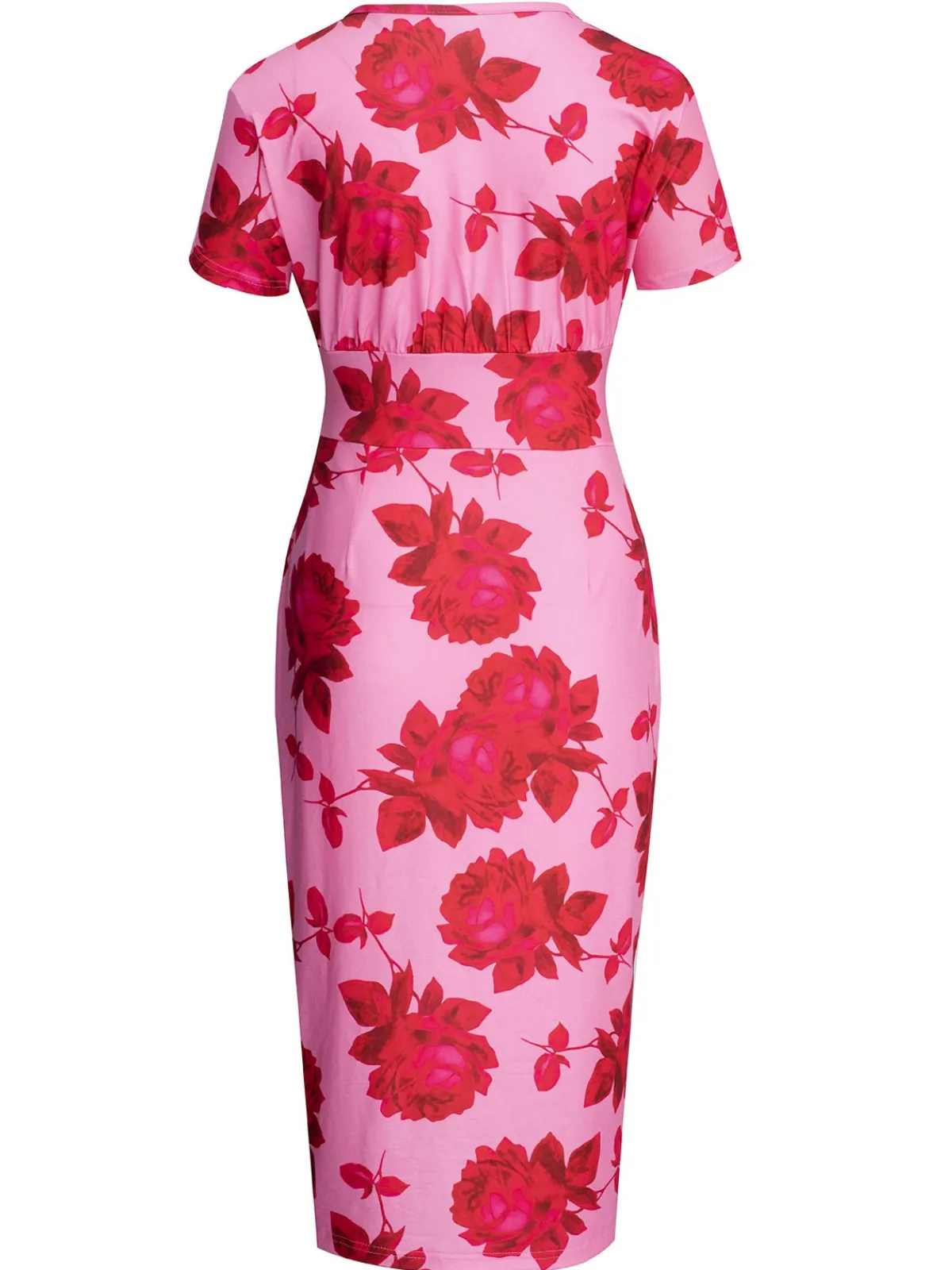 Sale Retro Stage 1960s V-Neck Floral Tie Split Dress Pink