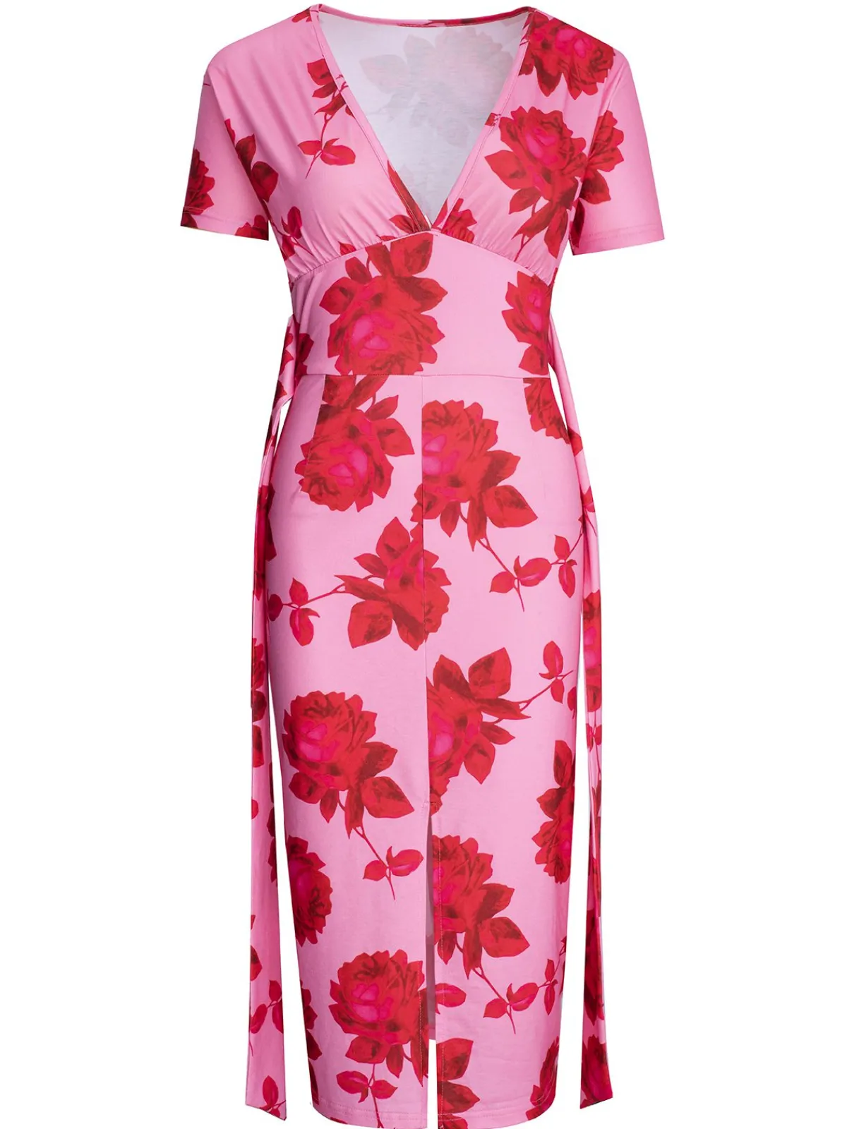 Sale Retro Stage 1960s V-Neck Floral Tie Split Dress Pink