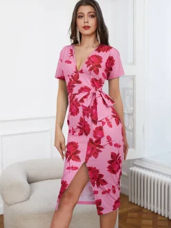 Sale Retro Stage 1960s V-Neck Floral Tie Split Dress Pink